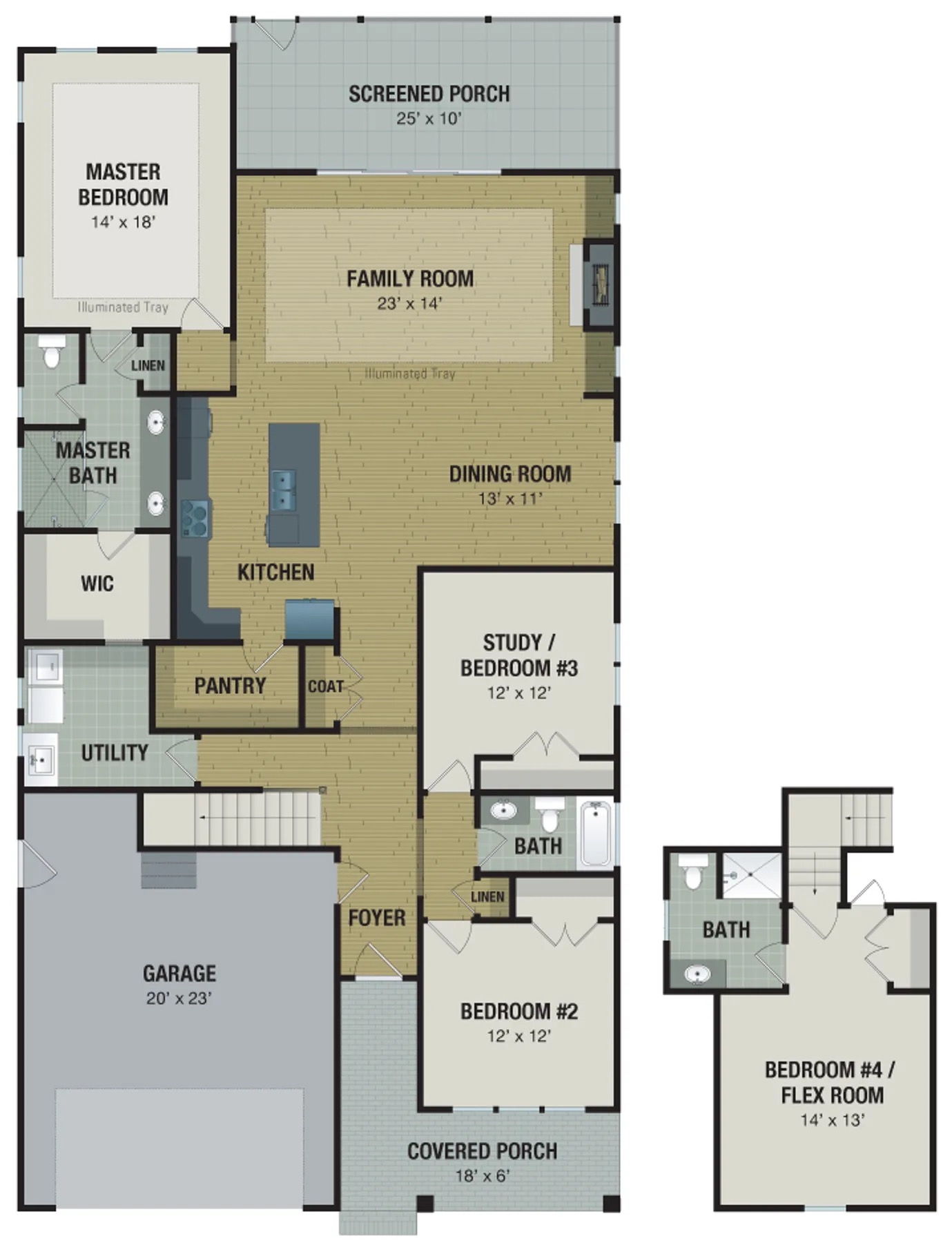 Monroe floor plan with main floor and upstairs flex room