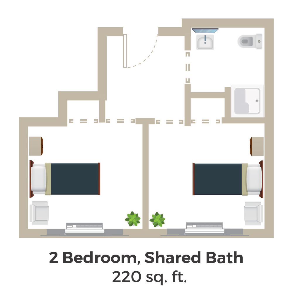 2 Bedroom, Shared Bath